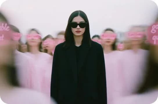 Midnight Lines woman surrounded by a blurred pink crowd