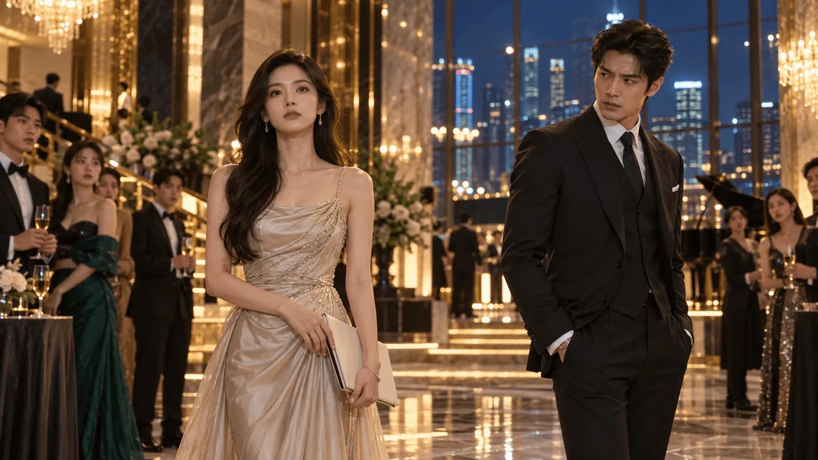 AI CEO romance drama guide cover showing a calm heroine at a luxury gala as a cold CEO realizes he misjudged her