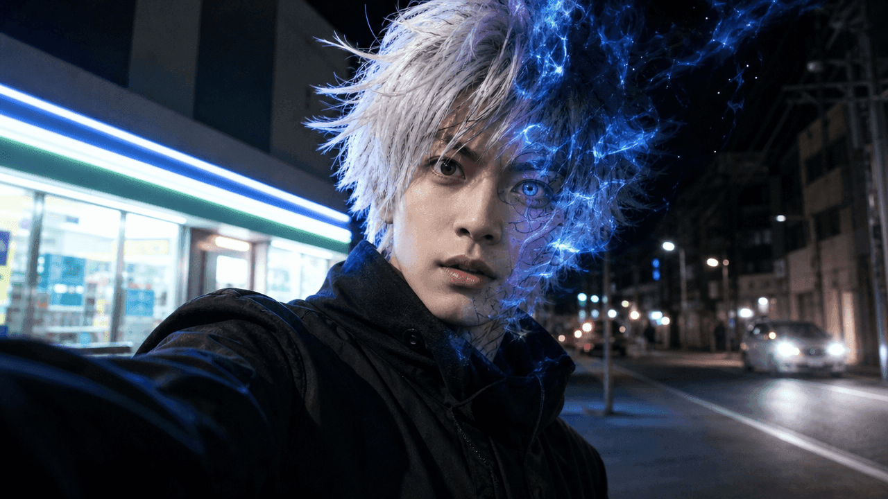 Anime-style character transforming into a live-action AI video scene