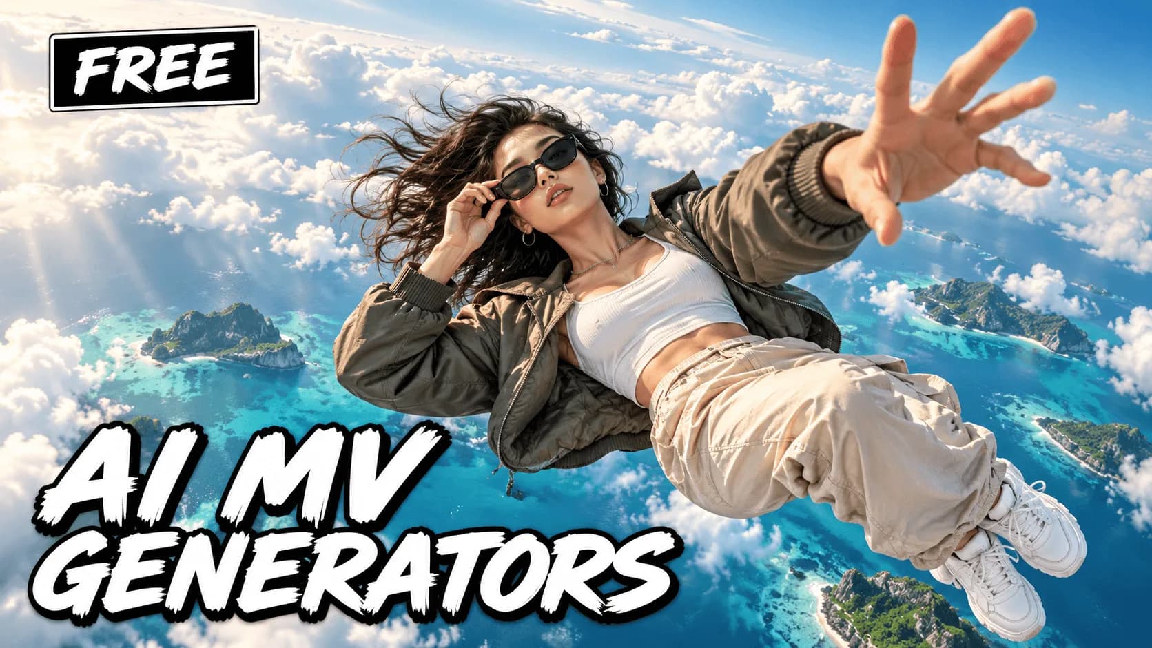 섬과 바다 위에서 등을 아래로 향한 채 낙하하는 세련된 인물과 FREE, AI MV GENERATORS 문구가 있는 기사 표지