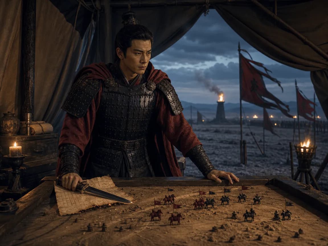 Young Han commander studying a sand table in a frontier command tent at dusk