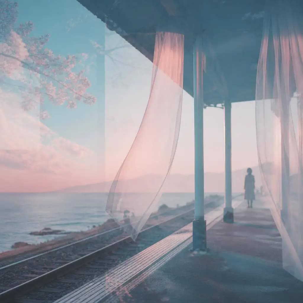 海邊車站與櫻花交織的 Dream Pop、Shoegaze 風 Suno MV 封面參考
