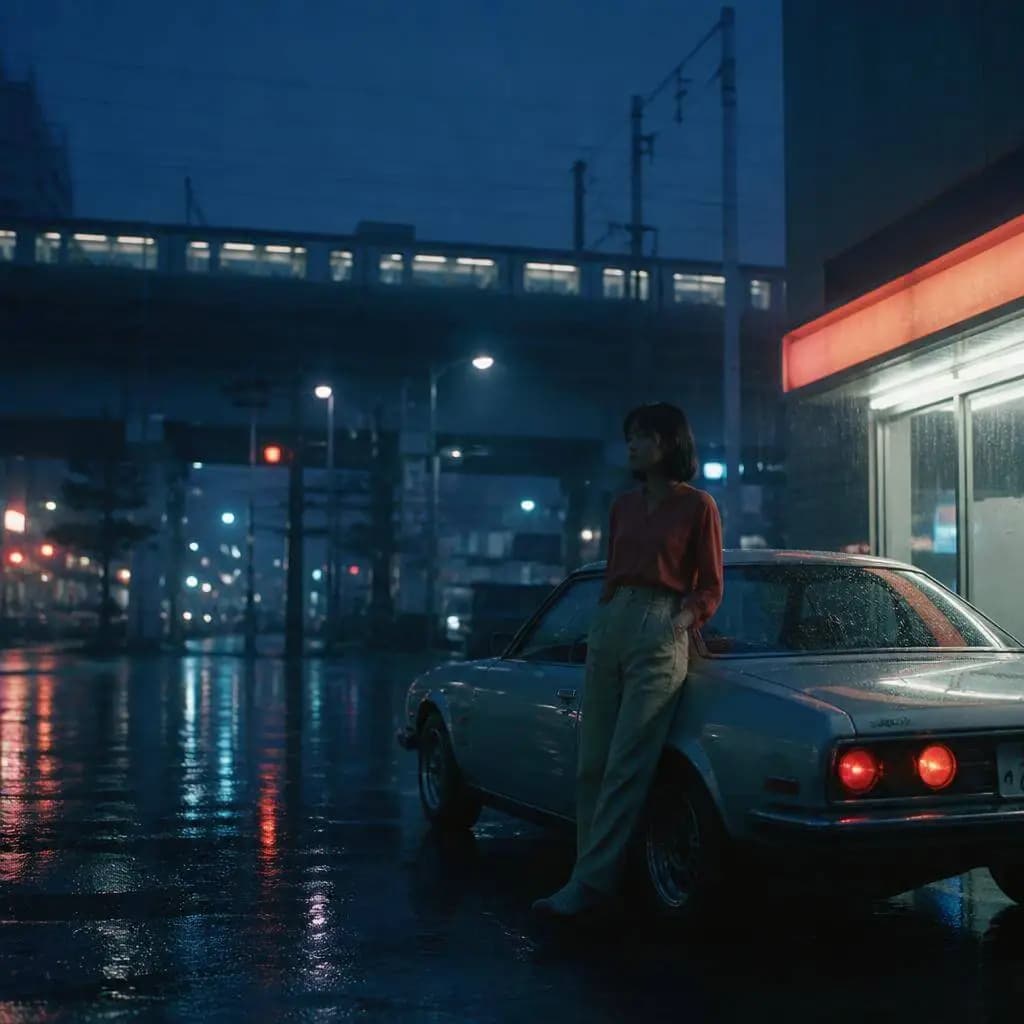 雨夜東京與經典汽車構成的 City Pop 風 Suno MV 封面參考