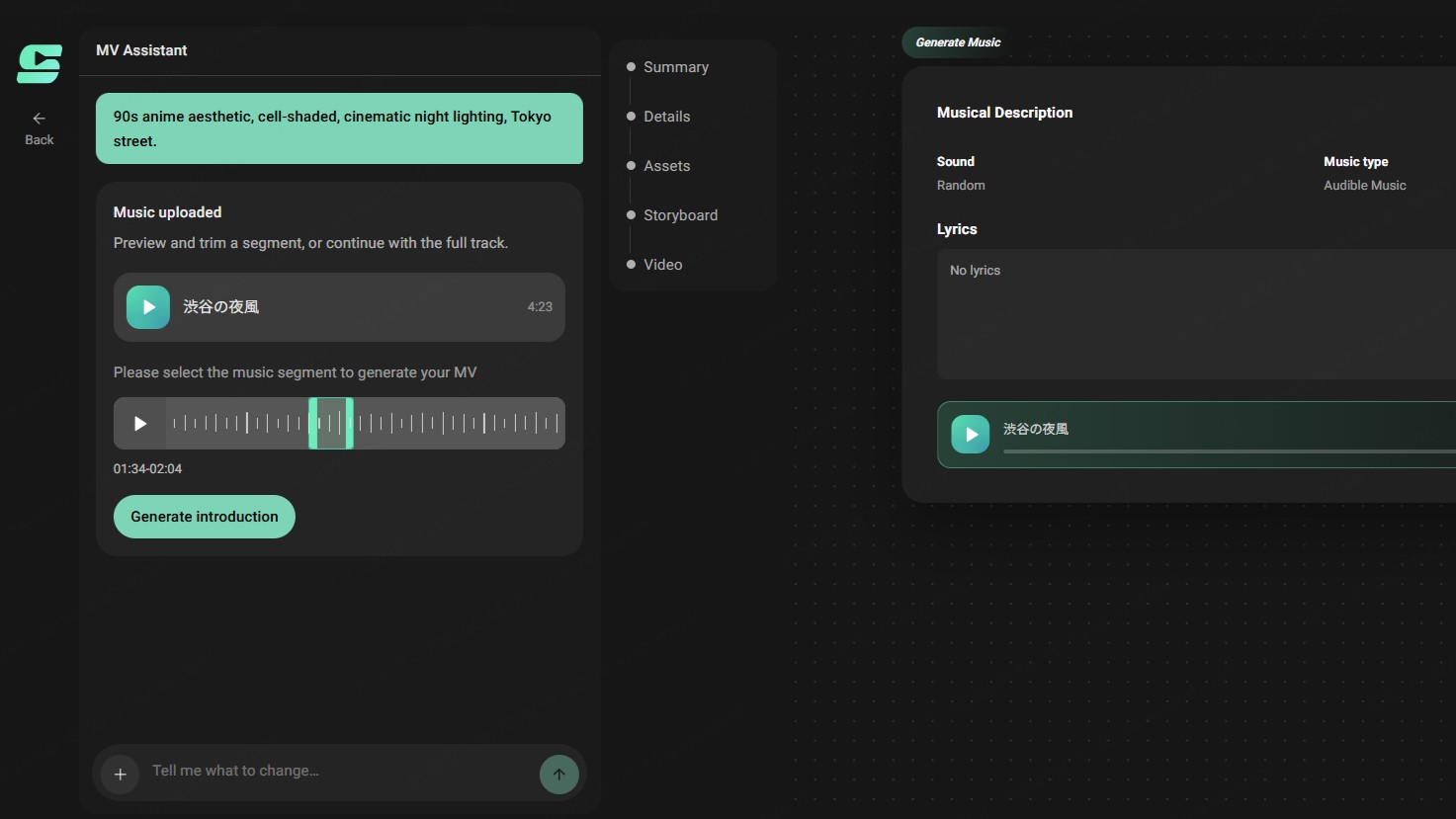 Input stage for adding audio and lyrics to a picture music video workflow